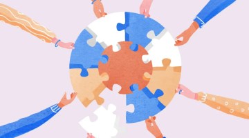 Illustration of diverse hands assembling puzzle pieces in a circle, symbolizing collaboration and inclusive strategies in healthcare marketing.