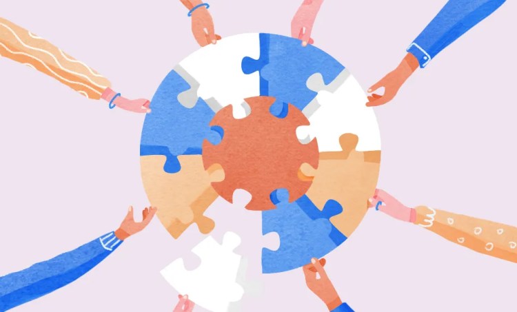 Illustration of diverse hands assembling puzzle pieces in a circle, symbolizing collaboration and inclusive strategies in healthcare marketing.